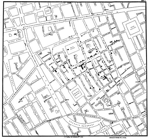 
							
								An old map of London showing locations of cholera outbreaks
							
							